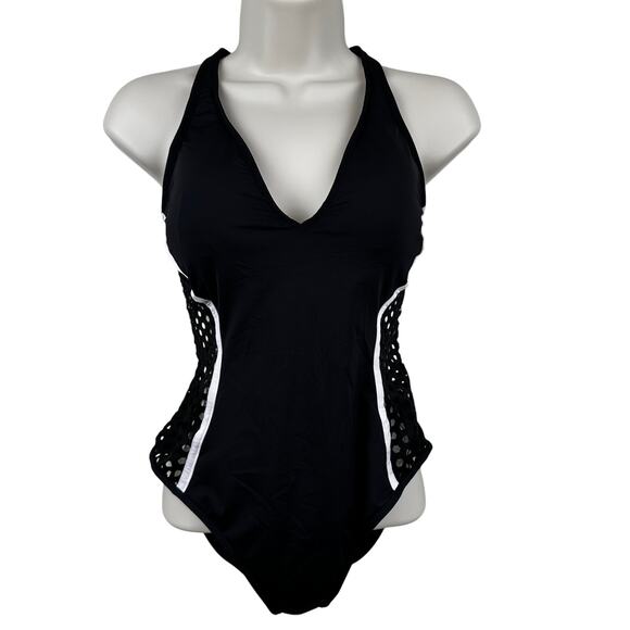 NEW Kenneth Cole New York One Piece Swimsuit Perforated Cutout Detail Black Sm - Picture 1 of 12
